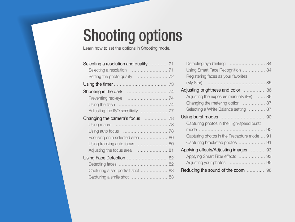 Shooting options, Learn how to set the options in shooting mode | Samsung EC-WB850FBPBUS User Manual | Page 71 / 188