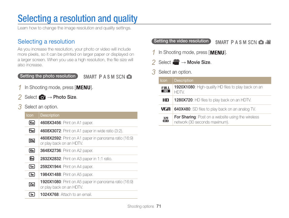 Selecting a resolution and quality, Selecting a resolution, Selecting a resolution …………………… 71 | Samsung EC-WB850FBPBUS User Manual | Page 72 / 188