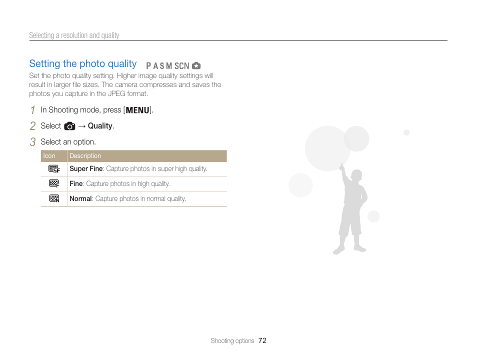 Setting the photo quality, Setting the photo quality ………………… 72 | Samsung EC-WB850FBPBUS User Manual | Page 73 / 188
