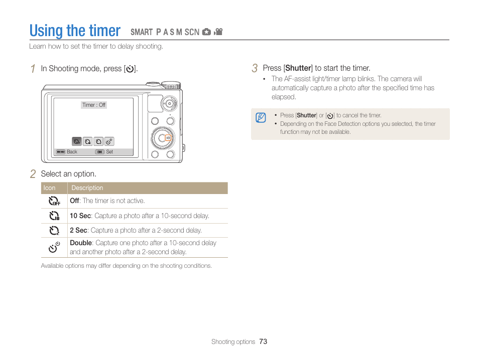 Using the timer | Samsung EC-WB850FBPBUS User Manual | Page 74 / 188