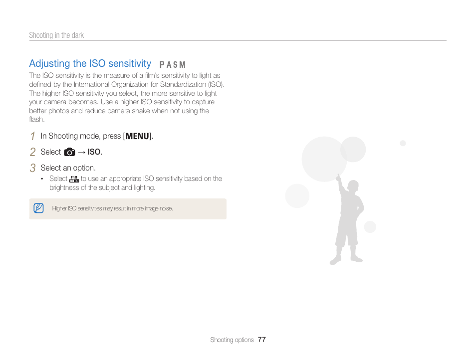 Adjusting the iso sensitivity, Set iso sensitivity options. (p. 77), Adjusting the iso sensitivity ……………… 77 | Samsung EC-WB850FBPBUS User Manual | Page 78 / 188
