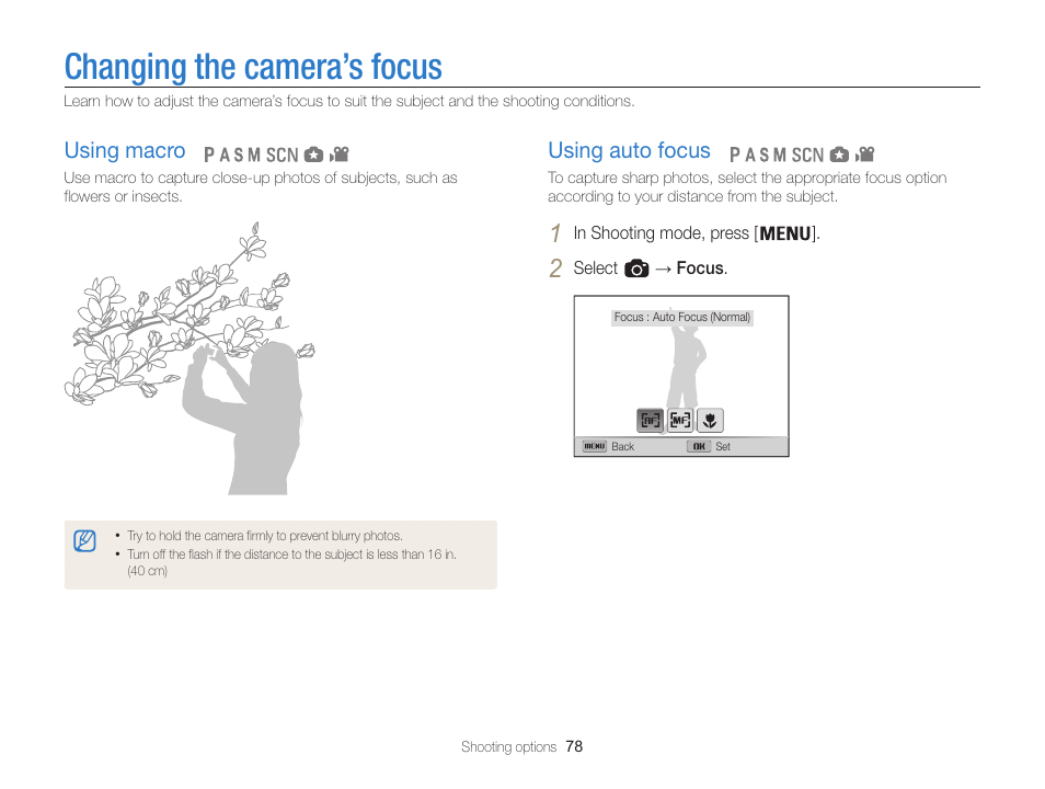 Changing the camera’s focus, Using macro, Using auto focus | Samsung EC-WB850FBPBUS User Manual | Page 79 / 188