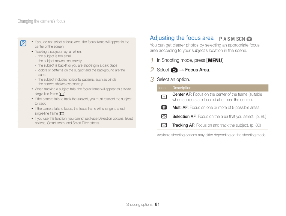 Adjusting the focus area, Adjusting the focus area ………………… 81 | Samsung EC-WB850FBPBUS User Manual | Page 82 / 188