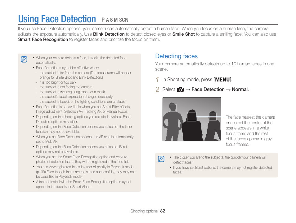 Using face detection, Detecting faces, Detecting faces …………………………… 82 | Samsung EC-WB850FBPBUS User Manual | Page 83 / 188