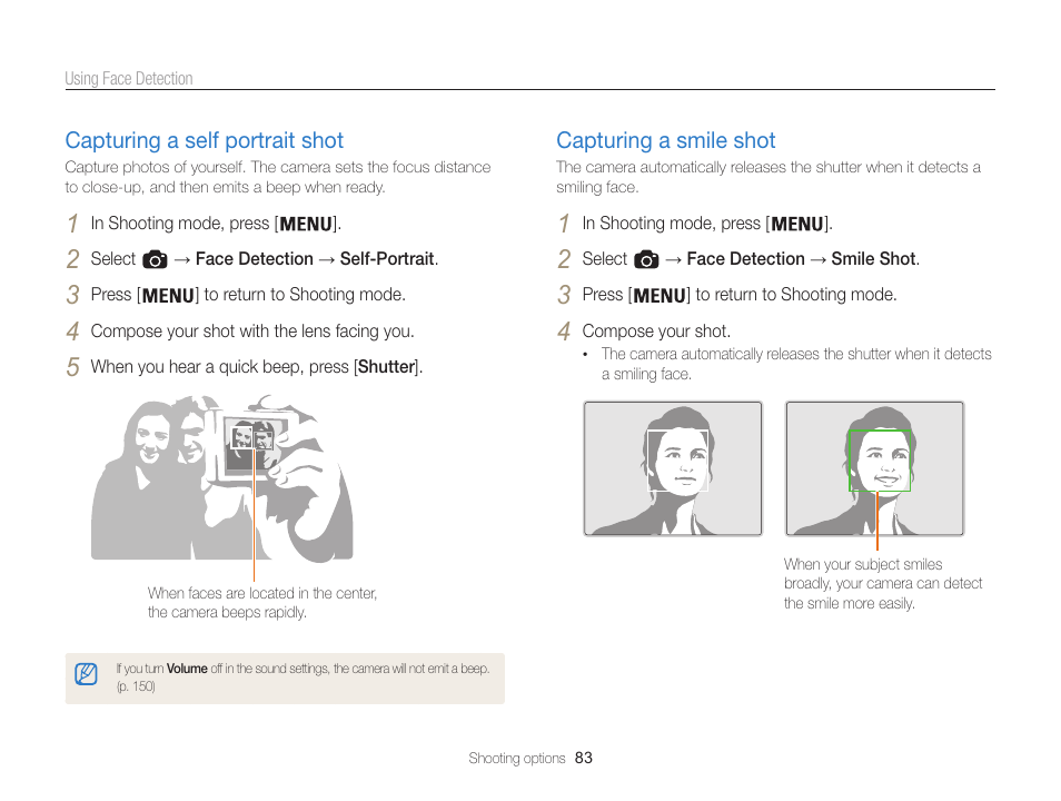 Capturing a self portrait shot, Capturing a smile shot | Samsung EC-WB850FBPBUS User Manual | Page 84 / 188