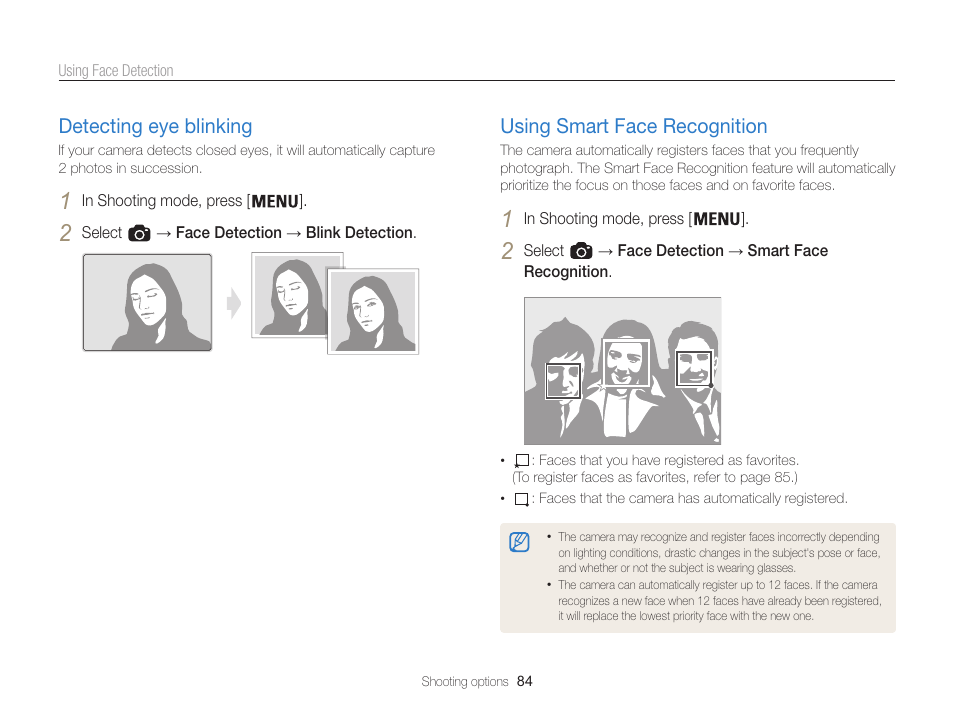 Detecting eye blinking, Using smart face recognition | Samsung EC-WB850FBPBUS User Manual | Page 85 / 188