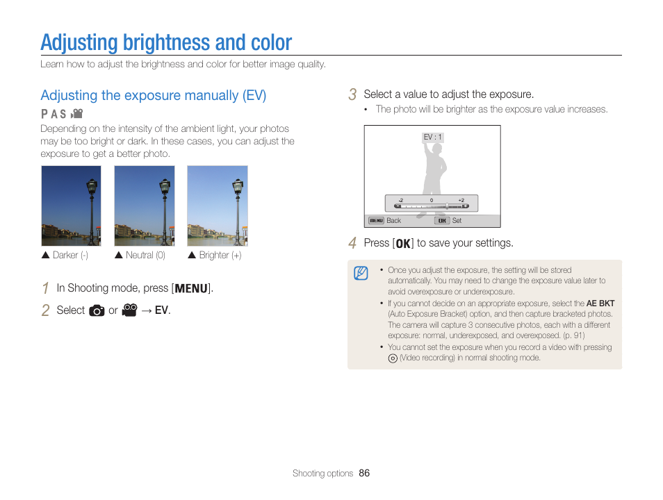 Adjusting brightness and color, Adjusting the exposure manually (ev), Adjust the exposure. (p. 86) | Adjusting the exposure manually (ev) …… 86 | Samsung EC-WB850FBPBUS User Manual | Page 87 / 188