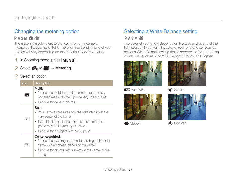 Changing the metering option, Selecting a white balance setting | Samsung EC-WB850FBPBUS User Manual | Page 88 / 188