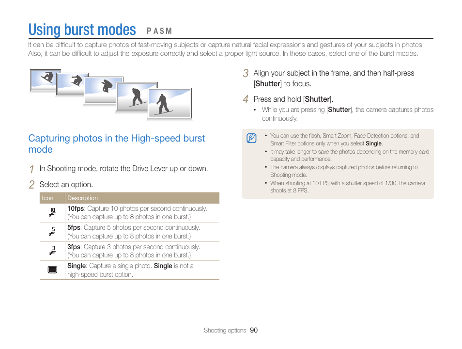 Using burst modes, Capturing photos in the high-speed burst mode | Samsung EC-WB850FBPBUS User Manual | Page 91 / 188