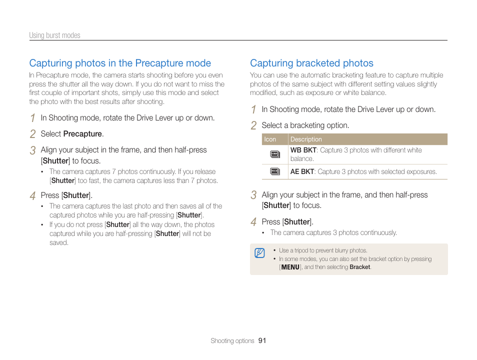 Capturing photos in the precapture mode, Capturing bracketed photos | Samsung EC-WB850FBPBUS User Manual | Page 92 / 188