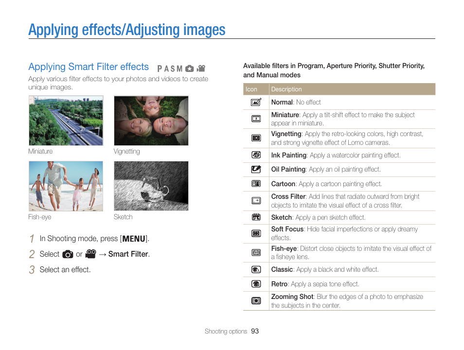 Applying effects/adjusting images, Applying smart filter effects, Applying smart filter effects ……………… 93 | Samsung EC-WB850FBPBUS User Manual | Page 94 / 188