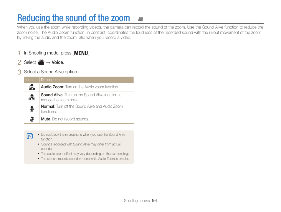 Reducing the sound of the zoom | Samsung EC-WB850FBPBUS User Manual | Page 97 / 188