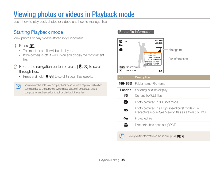 Viewing photos or videos in playback mode, Starting playback mode, Starting playback mode ………………… 98 | Samsung EC-WB850FBPBUS User Manual | Page 99 / 188