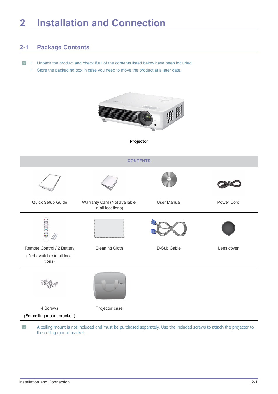 2 installation and connection, 1 package contents, Installation and connection | Package contents -1 | Samsung SP2553XWX-ZA User Manual | Page 11 / 89