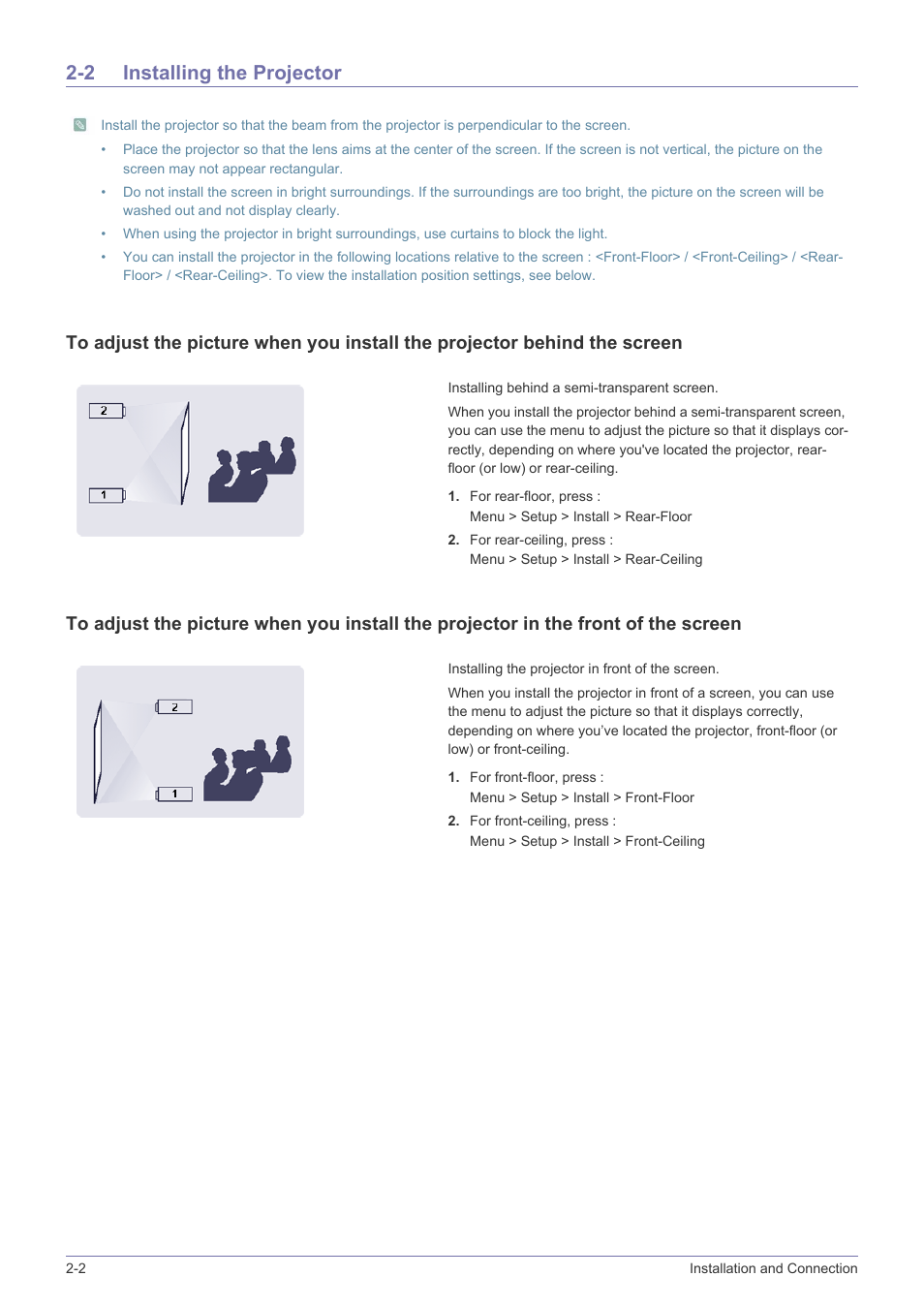 2 installing the projector, Installing the projector -2 | Samsung SP2553XWX-ZA User Manual | Page 12 / 89