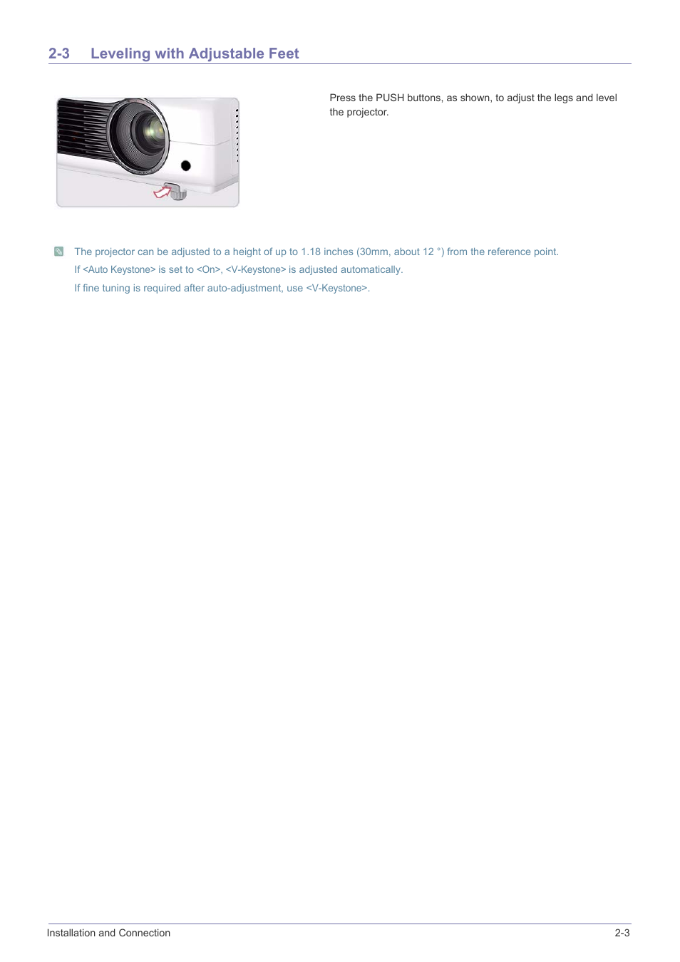 3 leveling with adjustable feet, Leveling with adjustable feet -3 | Samsung SP2553XWX-ZA User Manual | Page 13 / 89