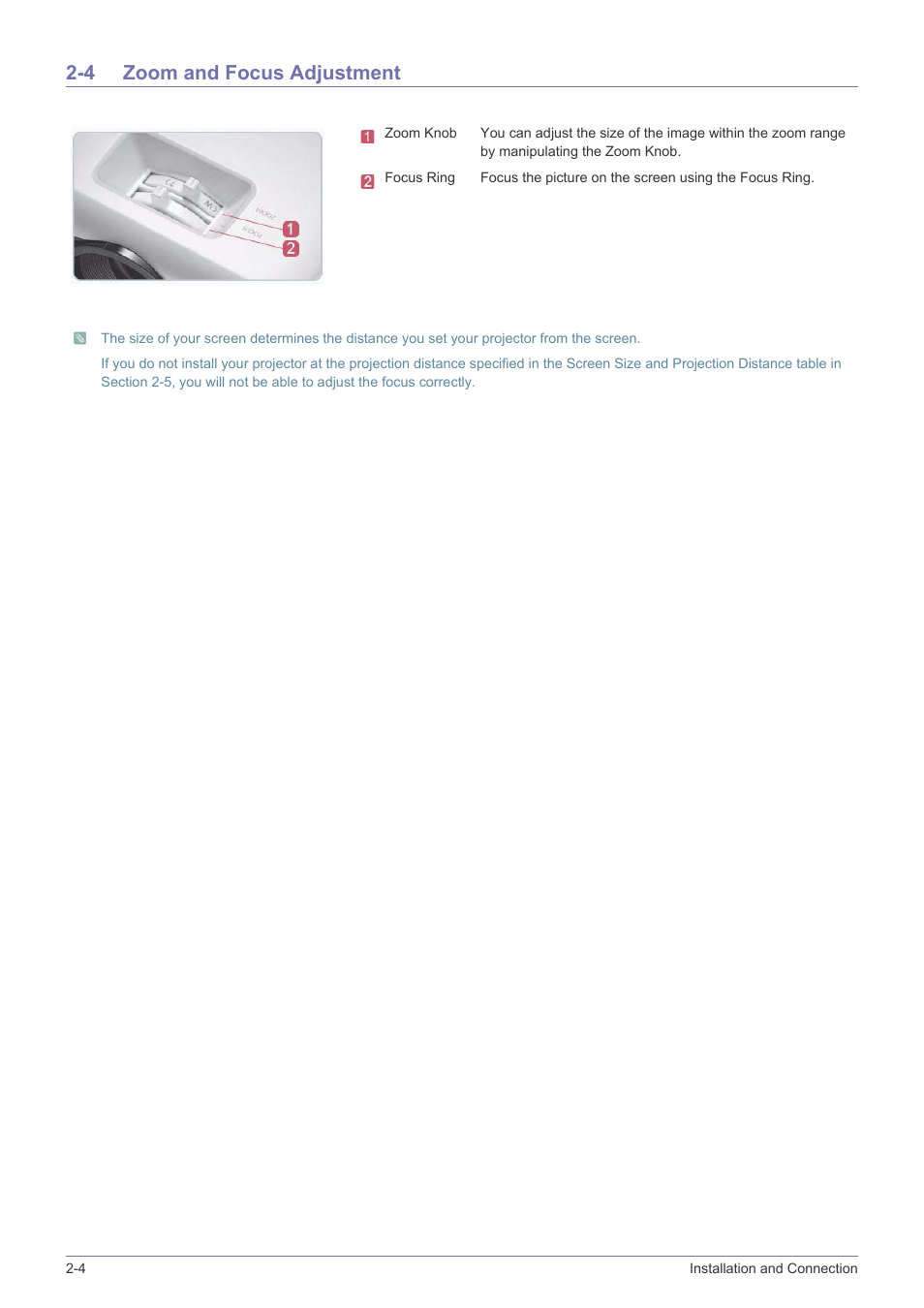 4 zoom and focus adjustment, Zoom and focus adjustment -4 | Samsung SP2553XWX-ZA User Manual | Page 14 / 89