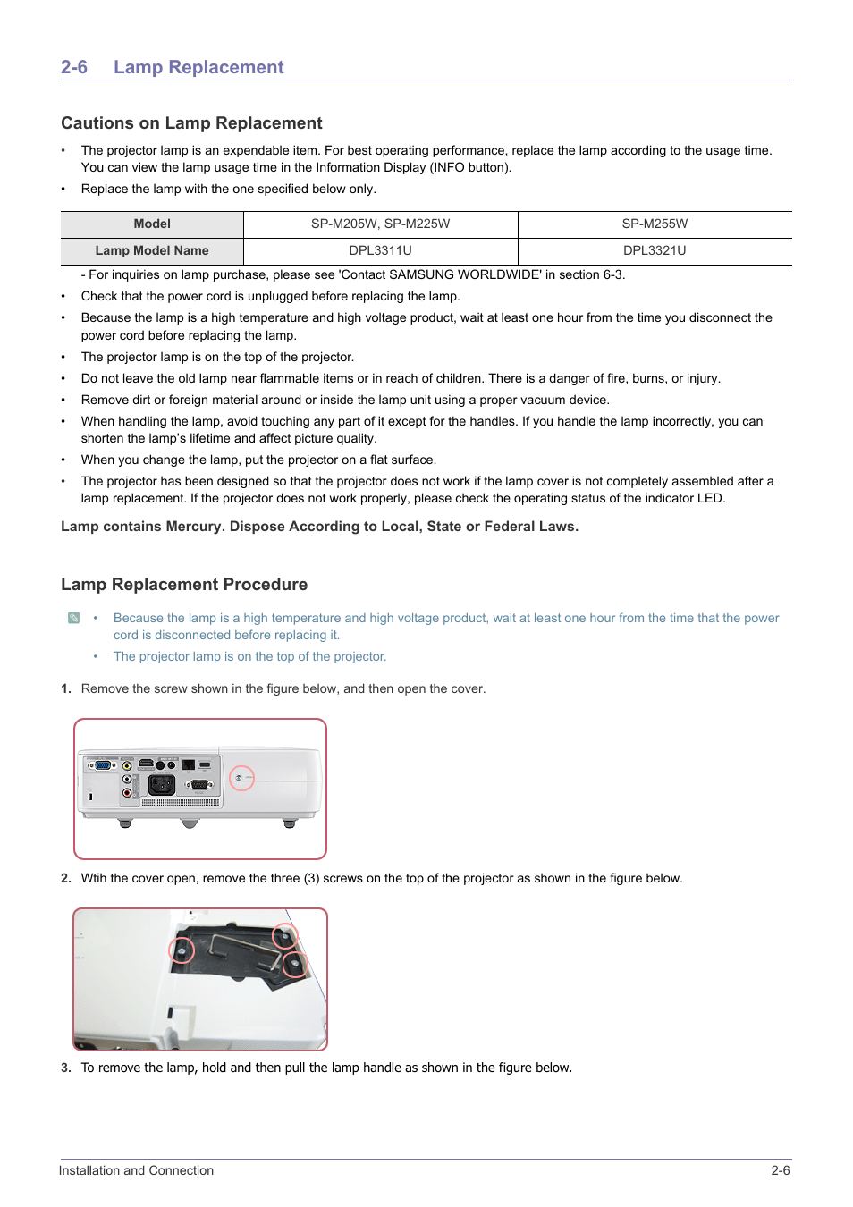6 lamp replacement, Lamp replacement -6, Cautions on lamp replacement | Lamp replacement procedure | Samsung SP2553XWX-ZA User Manual | Page 17 / 89
