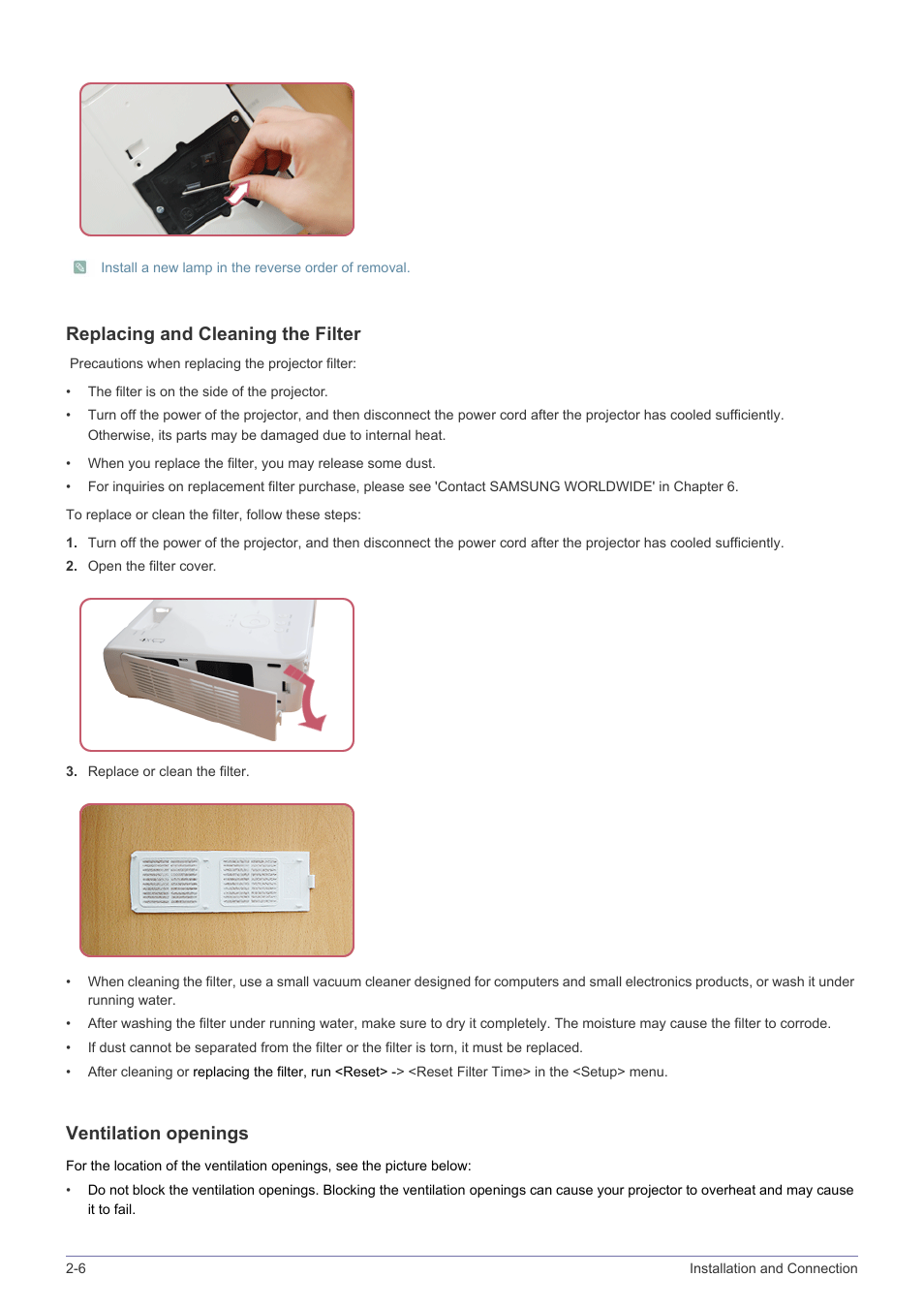 Replacing and cleaning the filter, Ventilation openings | Samsung SP2553XWX-ZA User Manual | Page 18 / 89