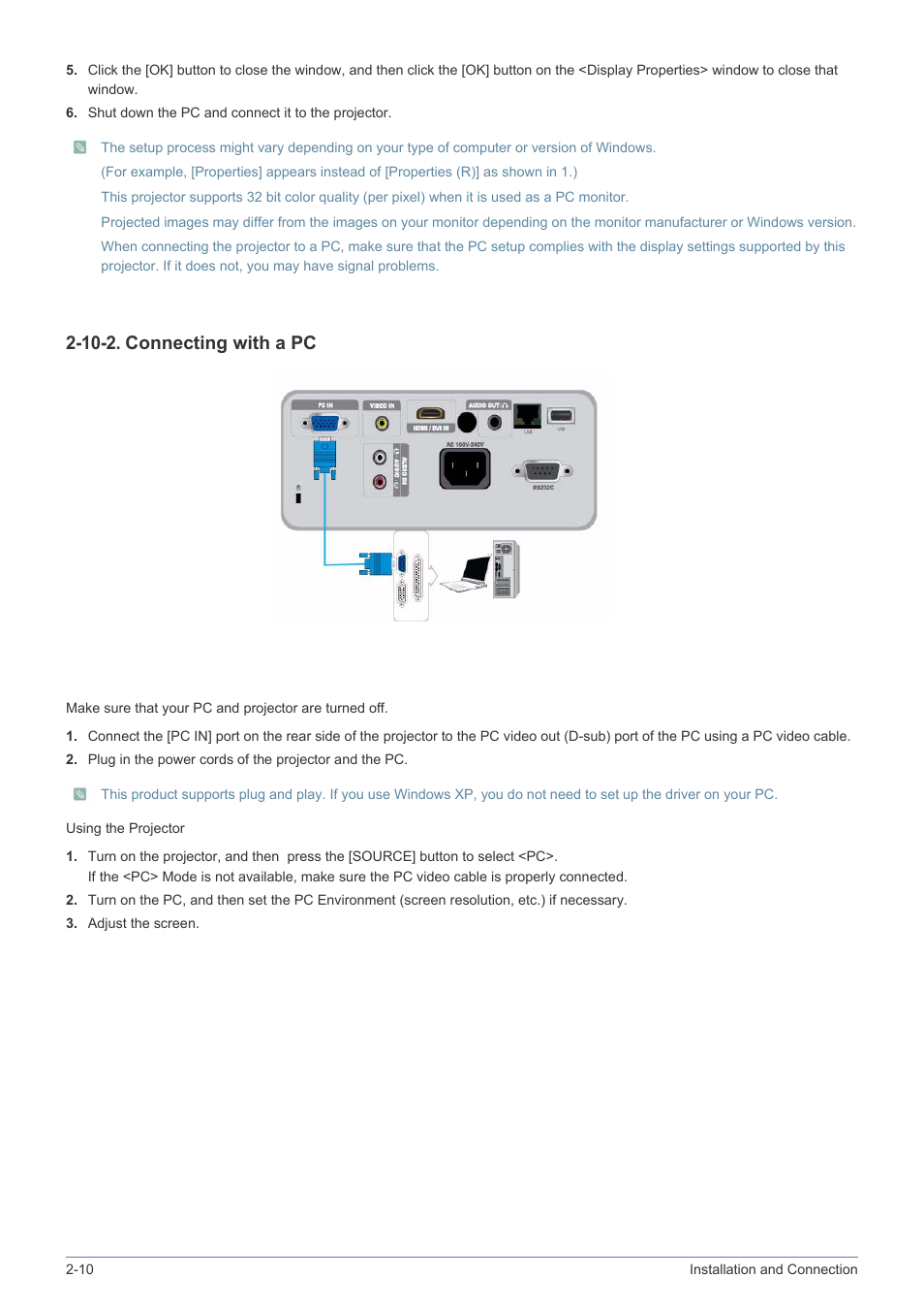 10-2. connecting with a pc | Samsung SP2553XWX-ZA User Manual | Page 26 / 89