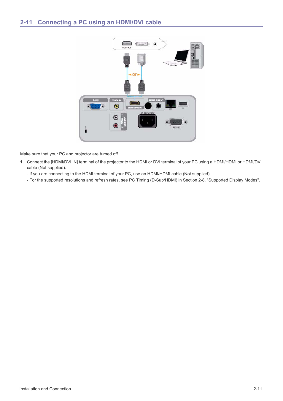 11 connecting a pc using an hdmi/dvi cable, Connecting a pc using an hdmi/dvi cable -11 | Samsung SP2553XWX-ZA User Manual | Page 27 / 89