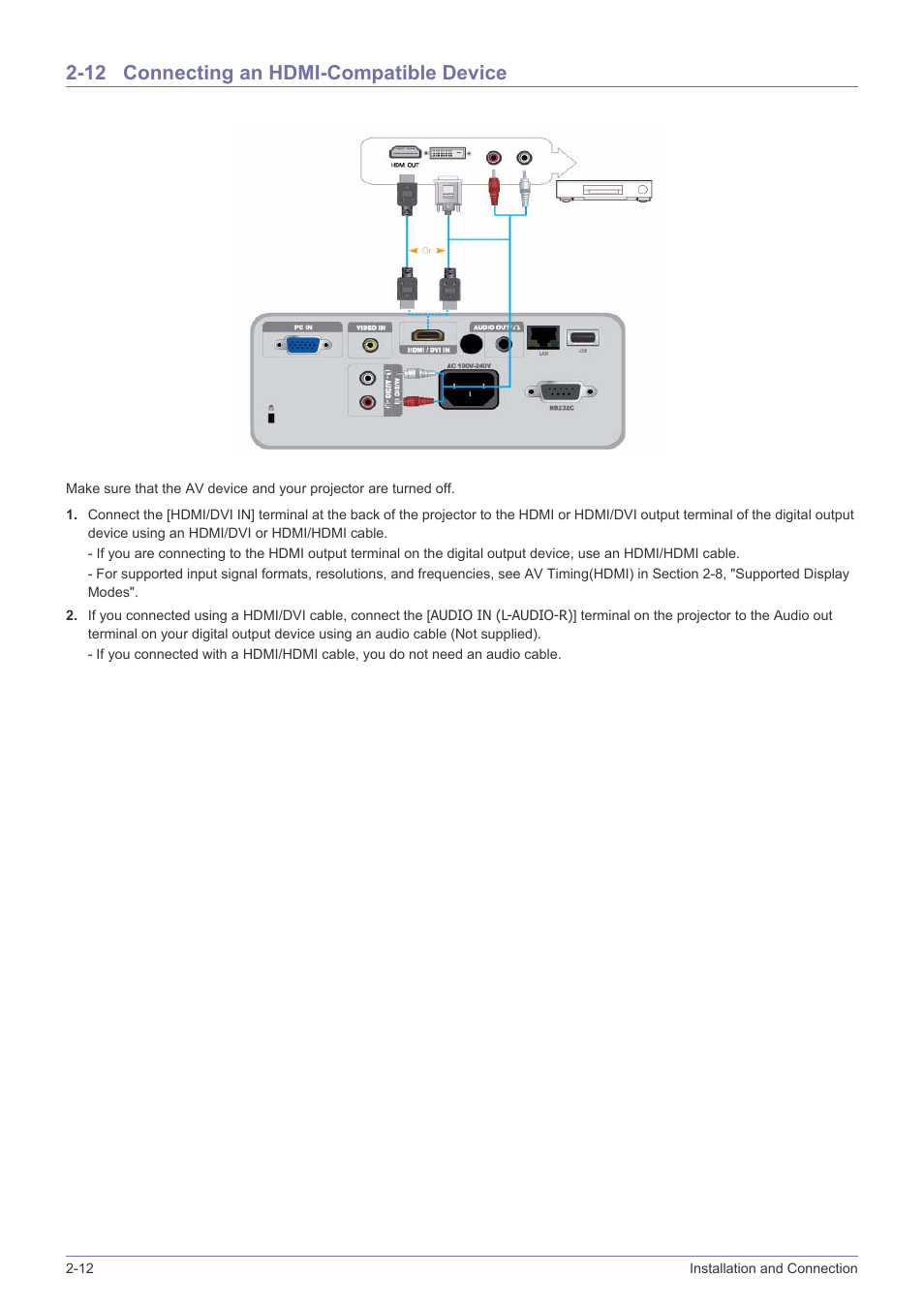 12 connecting an hdmi-compatible device, Connecting an hdmi-compatible device -12 | Samsung SP2553XWX-ZA User Manual | Page 28 / 89