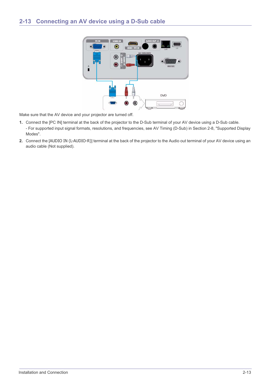 13 connecting an av device using a d-sub cable, Connecting an av device using a d-sub cable -13 | Samsung SP2553XWX-ZA User Manual | Page 29 / 89