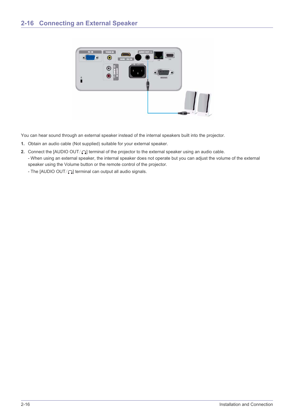 16 connecting an external speaker, Connecting an external speaker -16 | Samsung SP2553XWX-ZA User Manual | Page 32 / 89