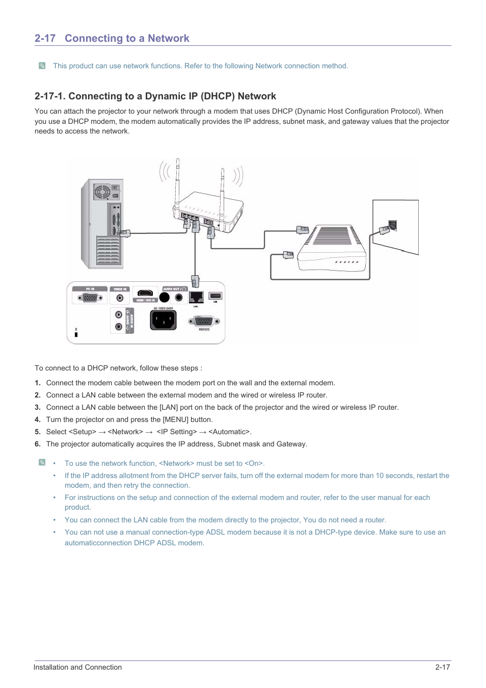 17 connecting to a network, Connecting to a network -17, 17-1. connecting to a dynamic ip (dhcp) network | Samsung SP2553XWX-ZA User Manual | Page 33 / 89