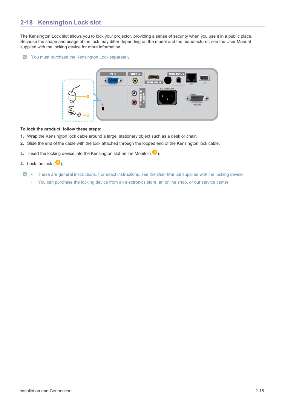 18 kensington lock slot, Kensington lock slot -18 | Samsung SP2553XWX-ZA User Manual | Page 35 / 89