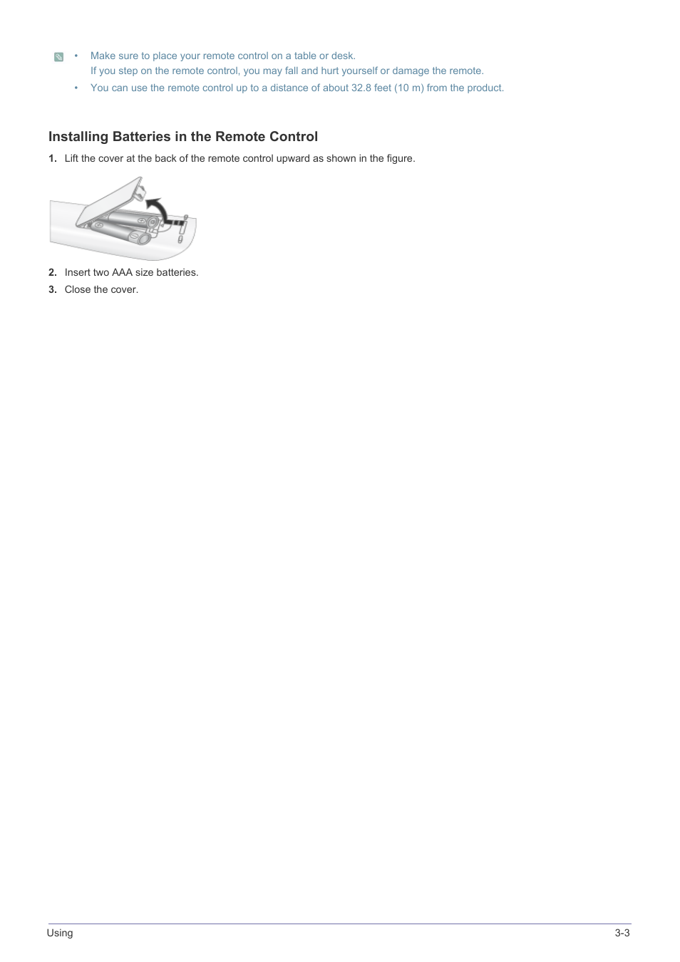 Installing batteries in the remote control | Samsung SP2553XWX-ZA User Manual | Page 39 / 89