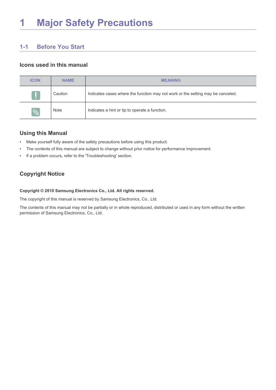 1 major safety precautions, 1 before you start, Major safety precautions | Before you start -1 | Samsung SP2553XWX-ZA User Manual | Page 4 / 89