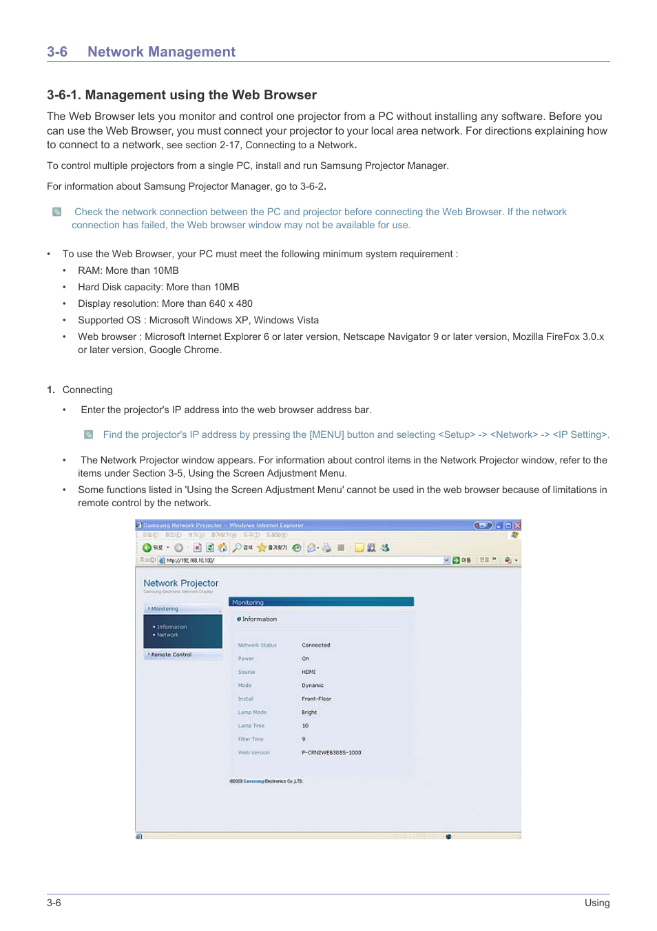 6 network management, Network management -6, 6-1. management using the web browser | Samsung SP2553XWX-ZA User Manual | Page 49 / 89