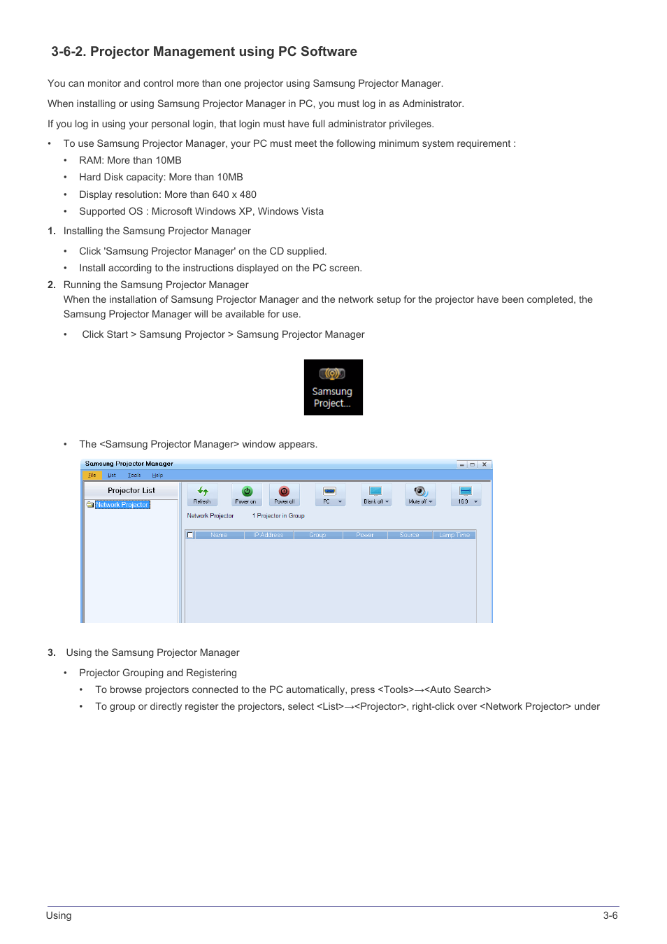 6-2. projector management using pc software | Samsung SP2553XWX-ZA User Manual | Page 50 / 89