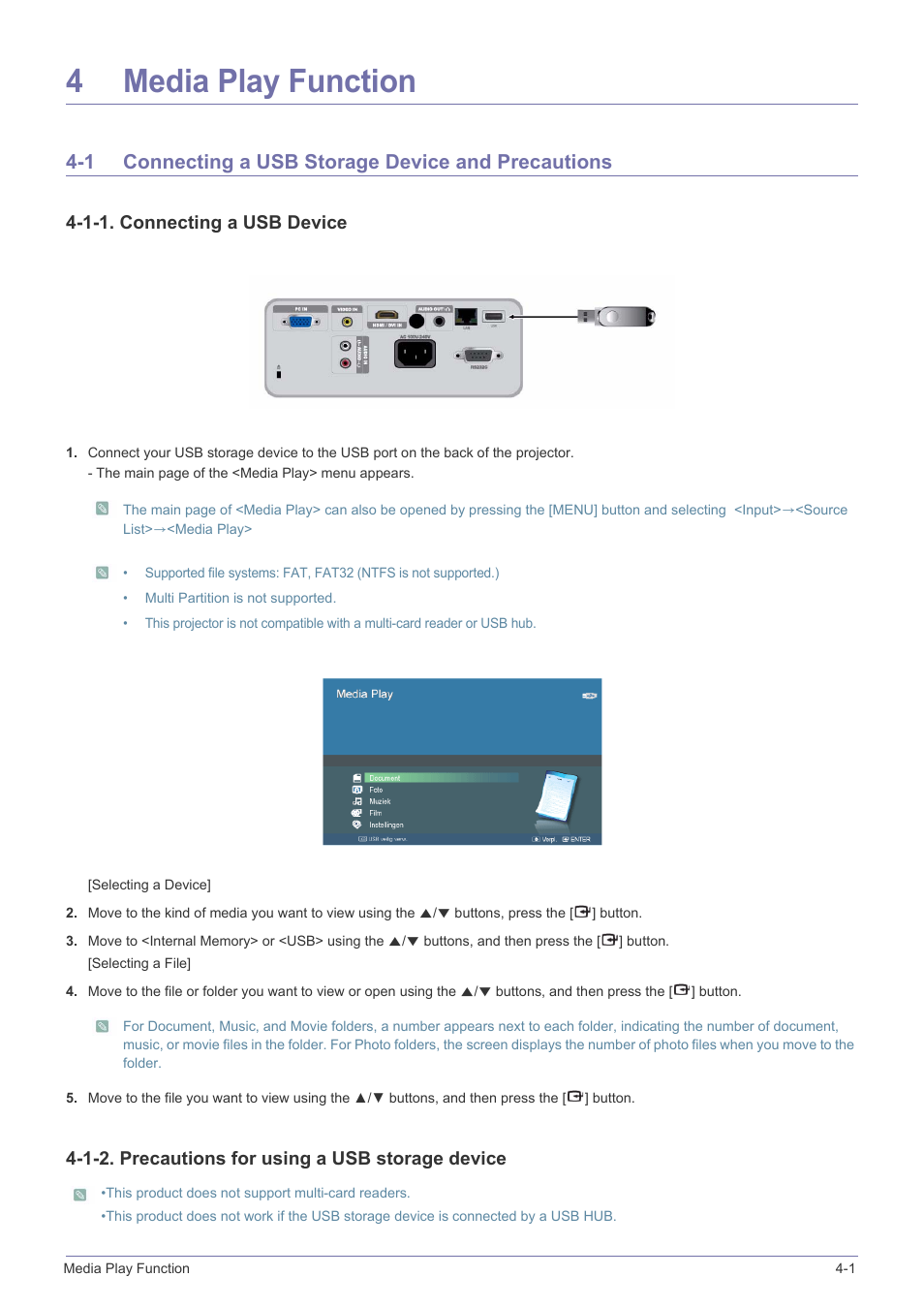 4 media play function, 1 connecting a usb storage device and precautions, Media play function | Connecting a usb storage device and precautions -1, 1-1. connecting a usb device, 1-2. precautions for using a usb storage device | Samsung SP2553XWX-ZA User Manual | Page 56 / 89