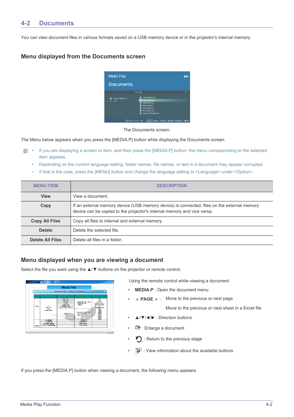 2 documents, Documents, Menu displayed from the documents screen | Menu displayed when you are viewing a document | Samsung SP2553XWX-ZA User Manual | Page 58 / 89