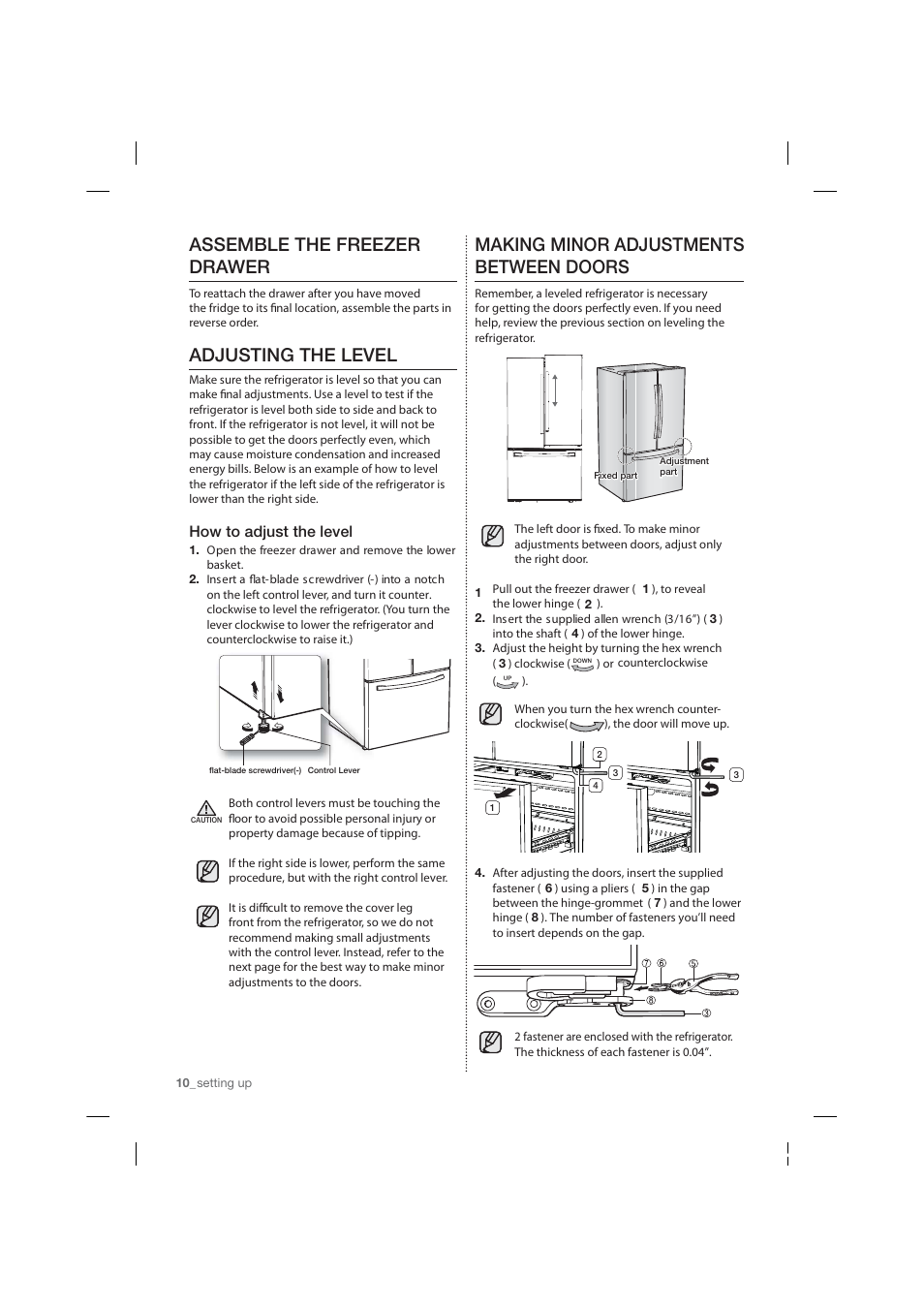 Making minor adjustments between doors, Assemble the freezer drawer, Adjusting the level | How to adjust the level | Samsung RF26HFPNBSR-AA User Manual | Page 10 / 84