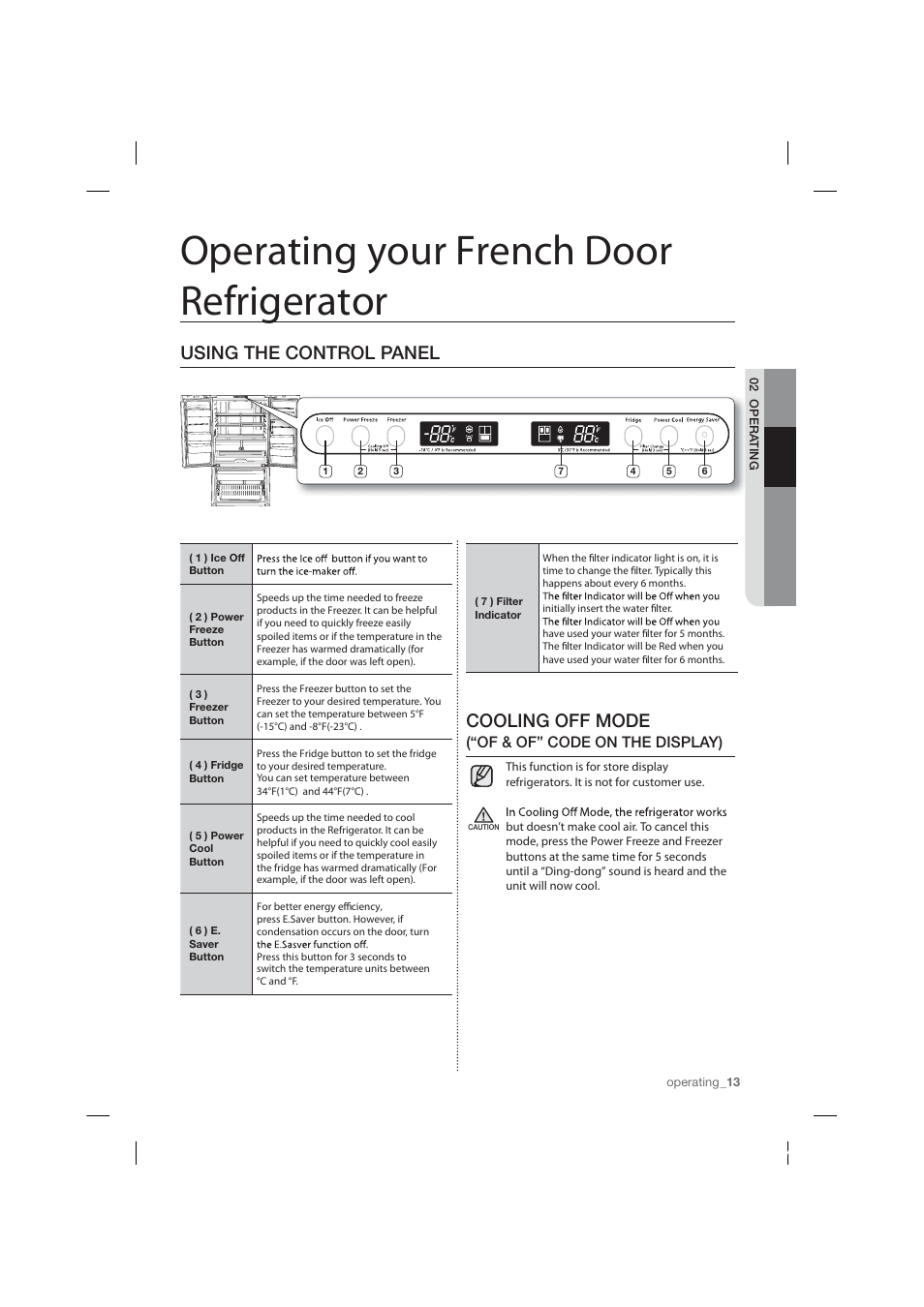 Operating your french door refrigerator, Cooling off mode, Using the control panel | Samsung RF26HFPNBSR-AA User Manual | Page 13 / 84