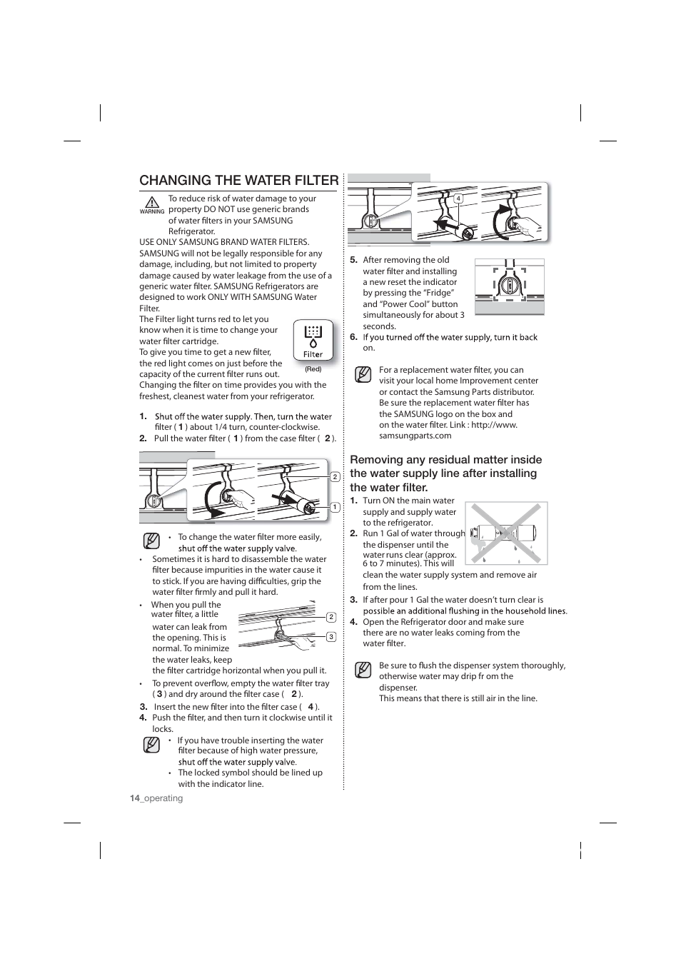 Changing the water filter | Samsung RF26HFPNBSR-AA User Manual | Page 14 / 84