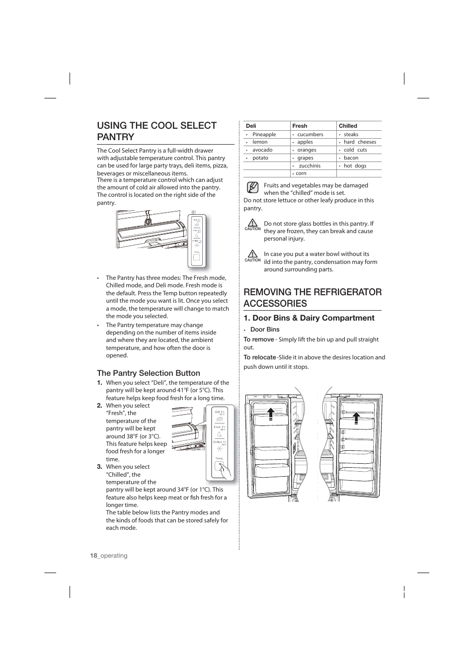 Using the cool select pantry, Removing the refrigerator accessories, The pantry selection button | Door bins & dairy compartment | Samsung RF26HFPNBSR-AA User Manual | Page 18 / 84