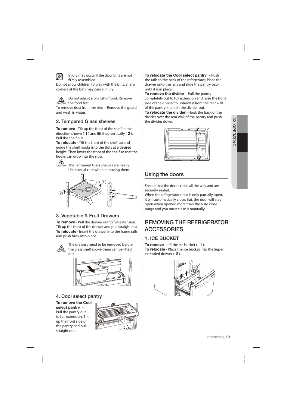 Removing the refrigerator accessories, Using the doors, Tempered glass shelves | Vegetable & fruit drawers, Cool select pantry, Ice bucket | Samsung RF26HFPNBSR-AA User Manual | Page 19 / 84