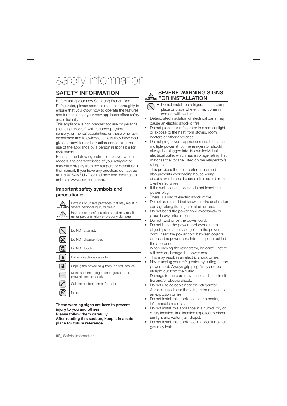 Safety information, Severe warning signs for installation, Important safety symbols and precautions | Samsung RF26HFPNBSR-AA User Manual | Page 2 / 84