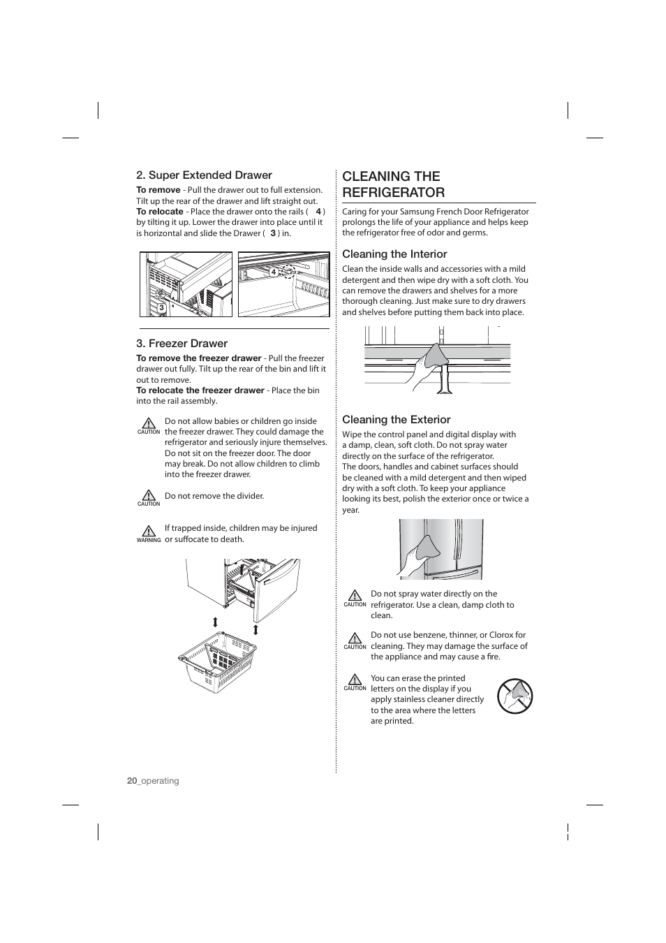 Cleaning the refrigerator, Super extended drawer, Freezer drawer | Cleaning the interior, Cleaning the exterior | Samsung RF26HFPNBSR-AA User Manual | Page 20 / 84