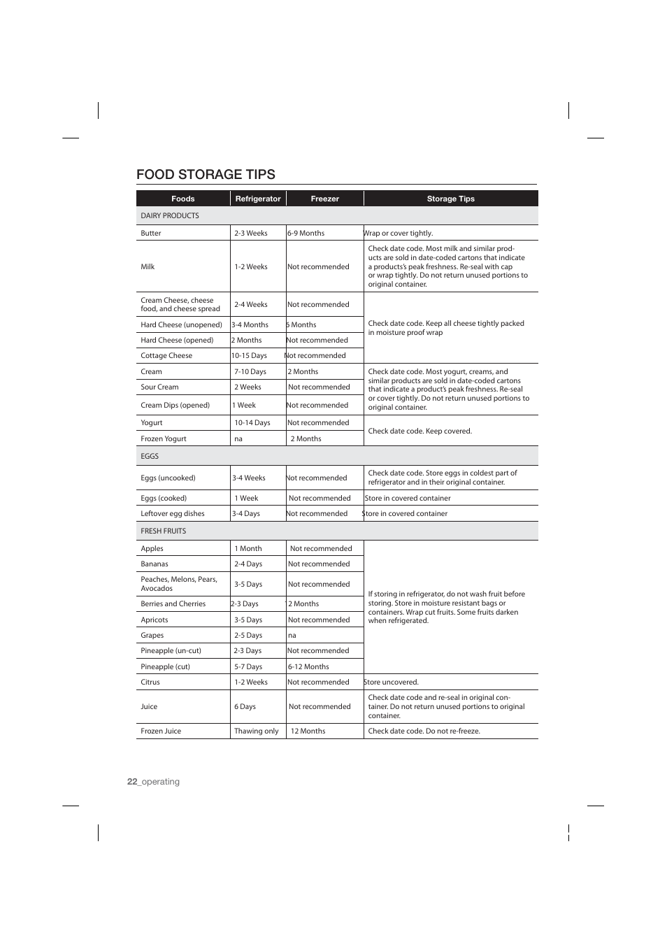 Food storage tips | Samsung RF26HFPNBSR-AA User Manual | Page 22 / 84