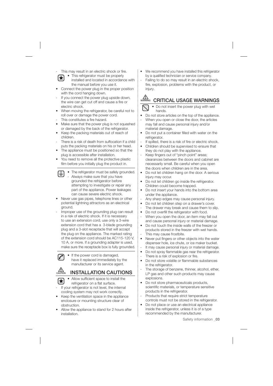 Installation cautions, Critical usage warnings | Samsung RF26HFPNBSR-AA User Manual | Page 3 / 84