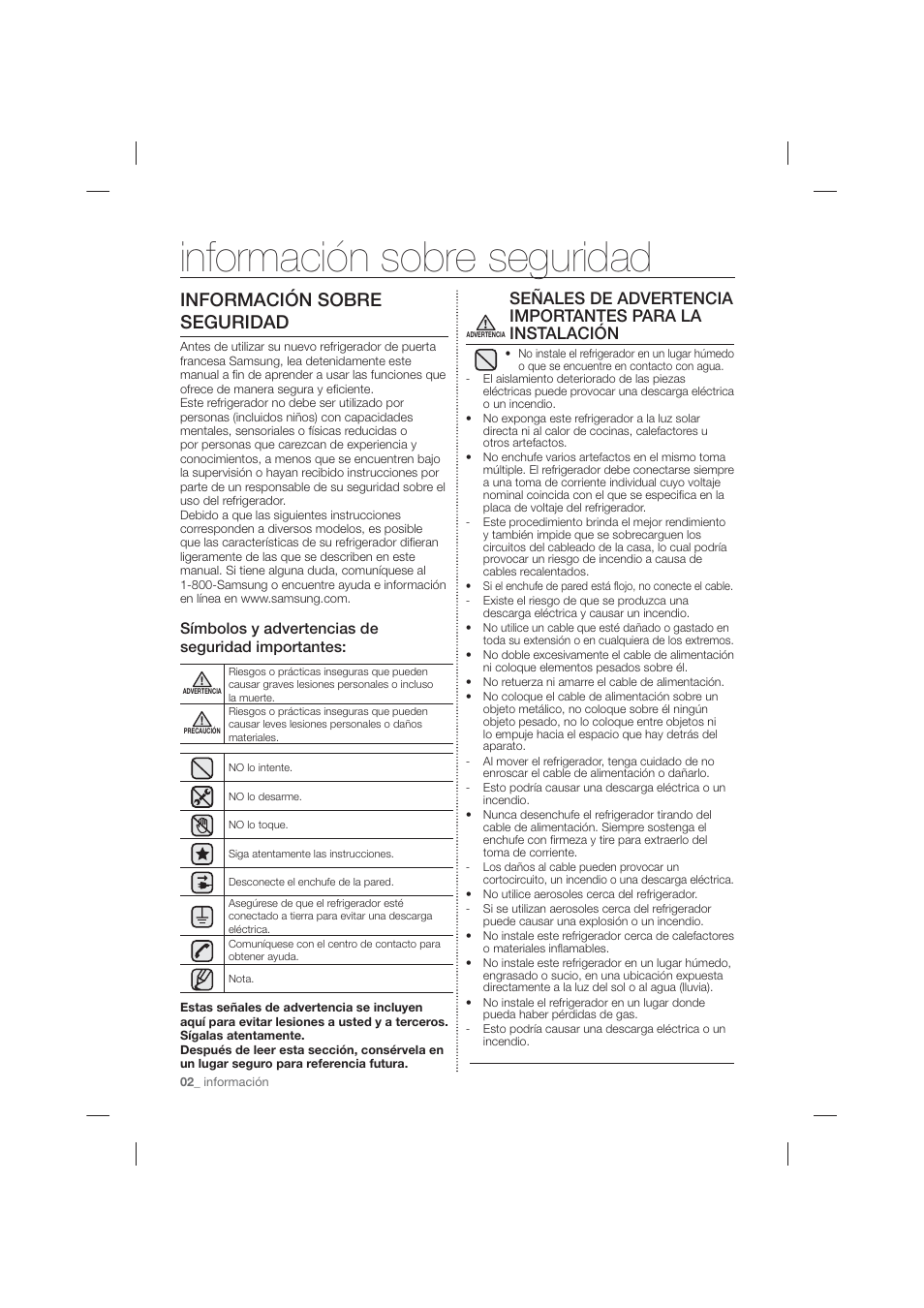 Información sobre seguridad, Símbolos y advertencias de seguridad importantes | Samsung RF26HFPNBSR-AA User Manual | Page 30 / 84