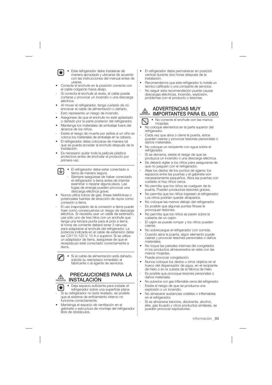 Precauciones para la instalación, Advertencias muy importantes para el uso | Samsung RF26HFPNBSR-AA User Manual | Page 31 / 84