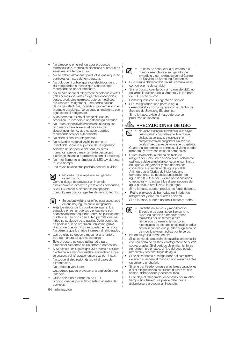 Precauciones de uso | Samsung RF26HFPNBSR-AA User Manual | Page 32 / 84