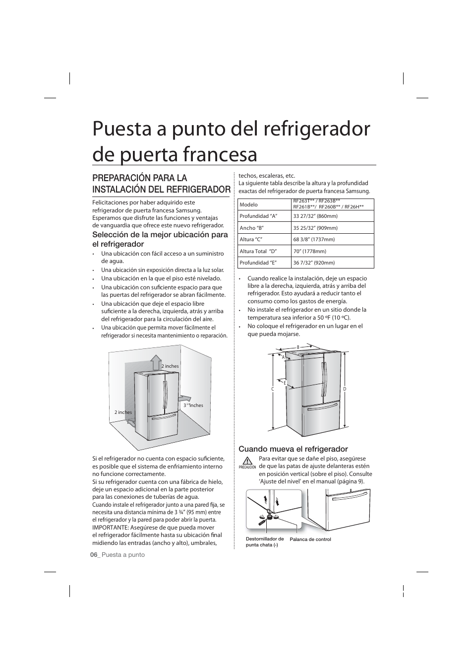 Puesta a punto del refrigerador de puerta francesa, Preparación para la instalación del refrigerador, Cuando mueva el refrigerador | Samsung RF26HFPNBSR-AA User Manual | Page 34 / 84