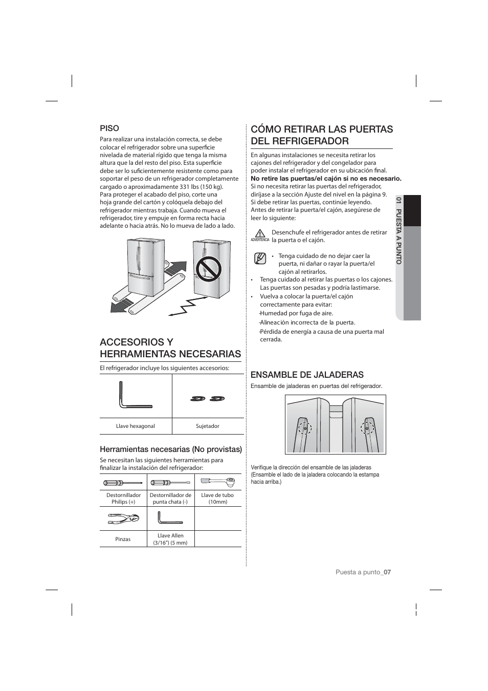 Accesorios y herramientas necesarias, Cómo retirar las puertas del refrigerador, Ensamble de jaladeras | Piso, Herramientas necesarias (no provistas) | Samsung RF26HFPNBSR-AA User Manual | Page 35 / 84